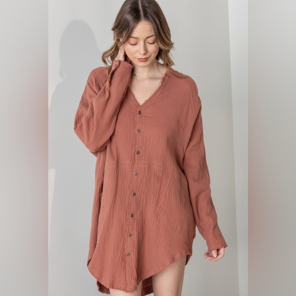 Flawless Brand 100% Cotton Long Sleeve Shirt Dress Dusty Rose Pink - Picture 13 of 13